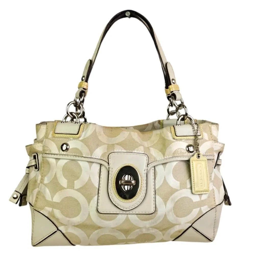 Coach Cream Genuine Leather CC Signature Canvas Shoulder Bag Tote Bag Pusre